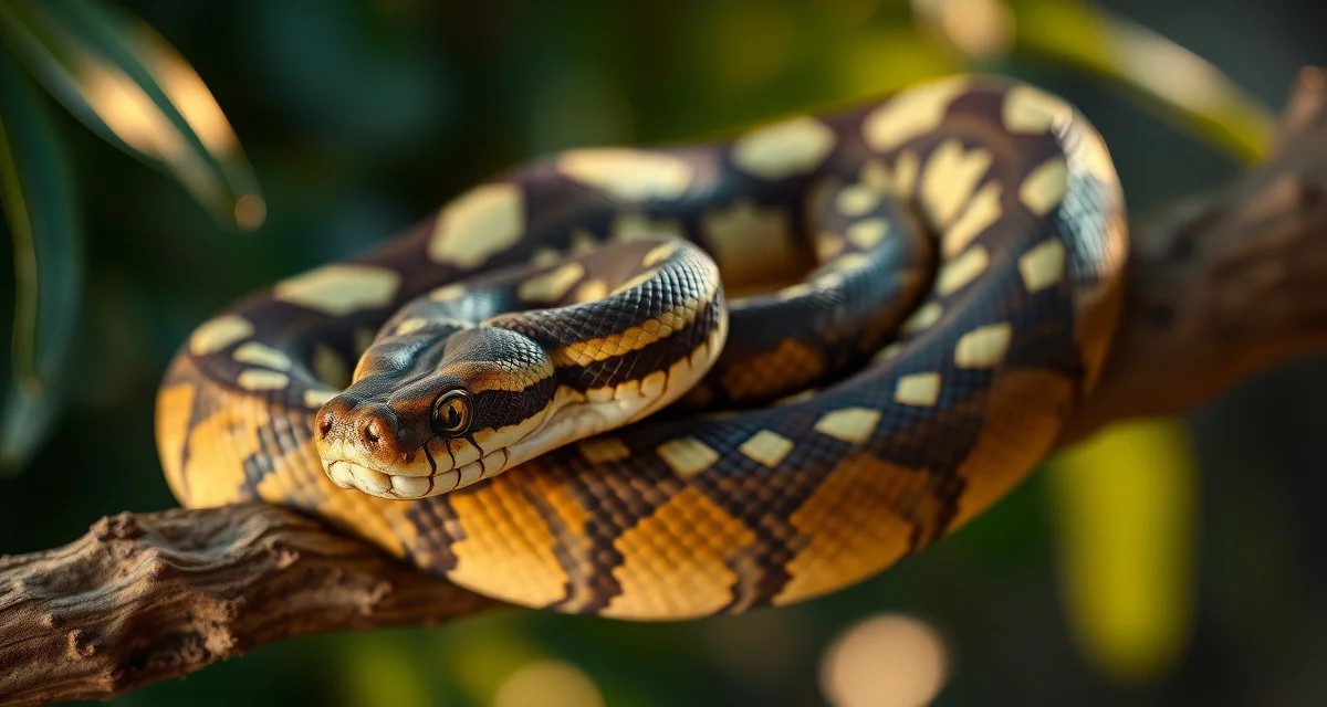 Retic python seasonal breeding cycle setup Reticulated python coiled on branch demonstrating proper seasonal cycling setup for breeding