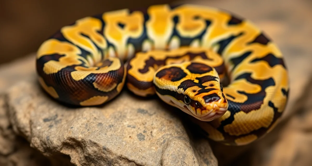 Spotnose clown ball python morph characteristics Spotnose clown ball python showing distinctive head stamp pattern and polished scale appearance from selective breeding.