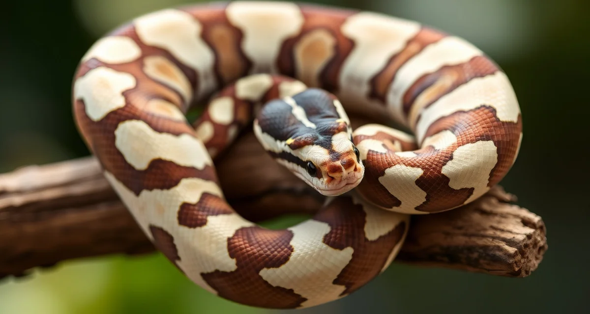 Premium Spotnose Pied morph specimen Spotnose Pied ball python displaying white pied markings and distinctive head pattern on natural branch