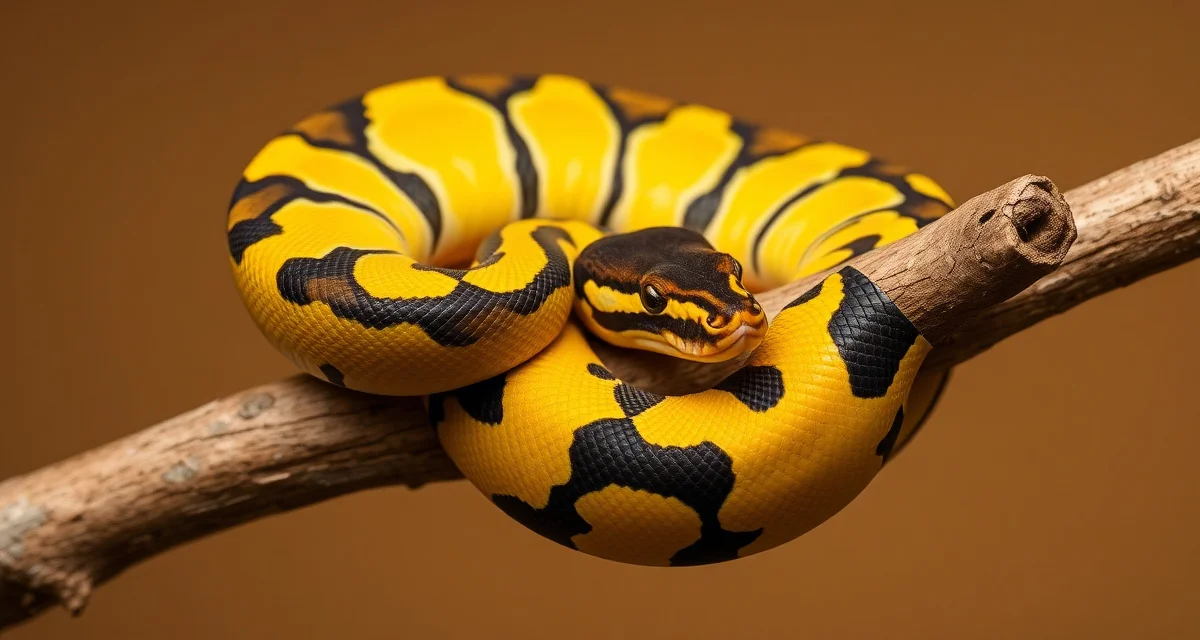 Sulfur Clown Ball Python Breeding Reference Yellow and black sulfur clown ball python displaying vibrant coloration and clown pattern morph characteristics