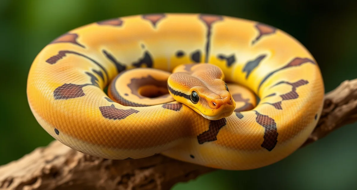 Ball Python Yellow Belly Complex Morph Example Yellow belly ball python displaying characteristic genetic coloration patterns used in breeding programs and morphology identification